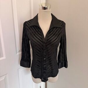 Y2K‎ BLACK XHILARATION SHEER VELVET CHEVRON PRINT 3/4 SLEEVE COLLARED BLOUSE TOP